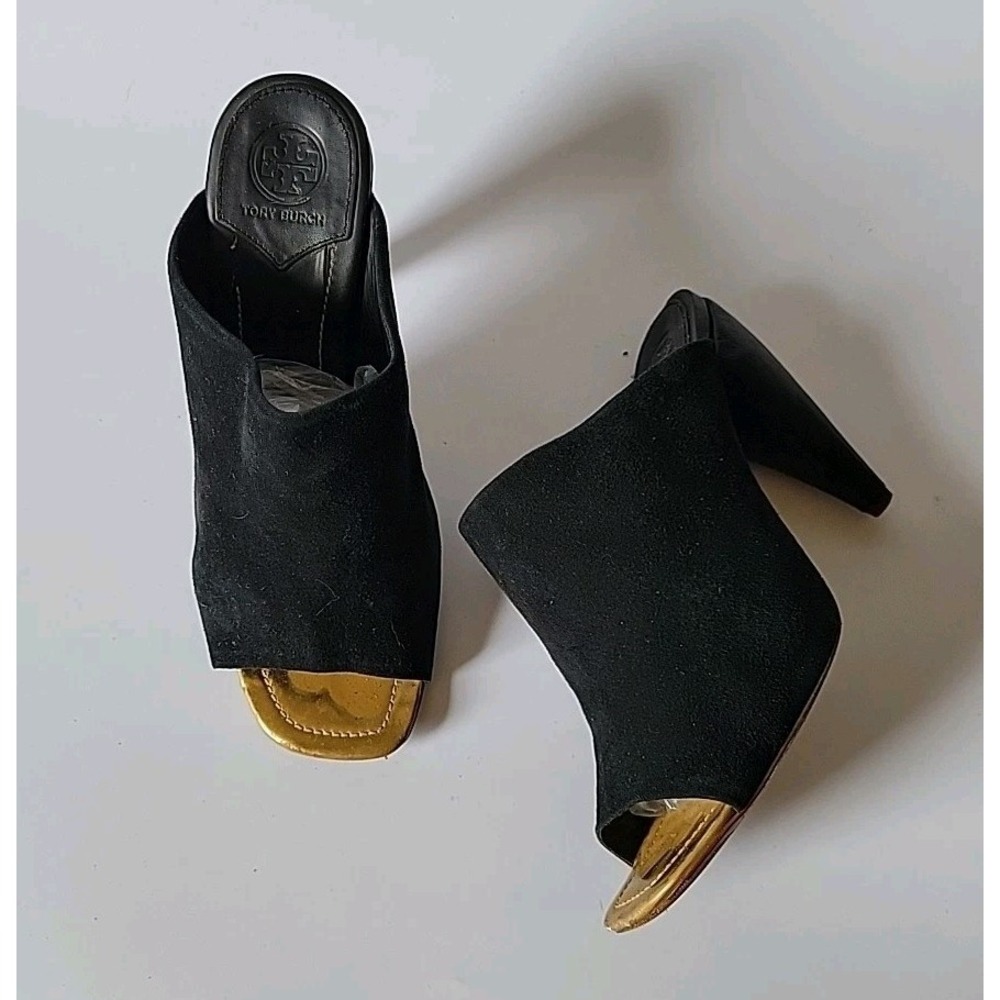Tory Burch‎ Ellis Open Toe Mules 7.5M Genuine Suede Chambray Designer Preppy